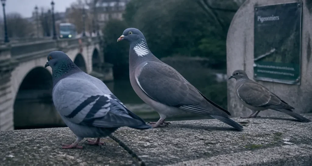 Pigeon information : biset ramier colombin sur une corniche en pierre