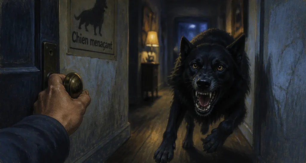 Rêver de chien agressif : chien menaçant sort de l’ombre dans un couloir la nuit