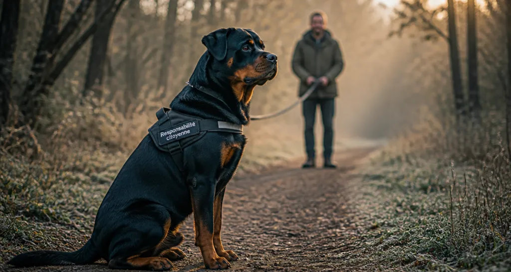 Rottweiler adulte assis sur un sentier forestier