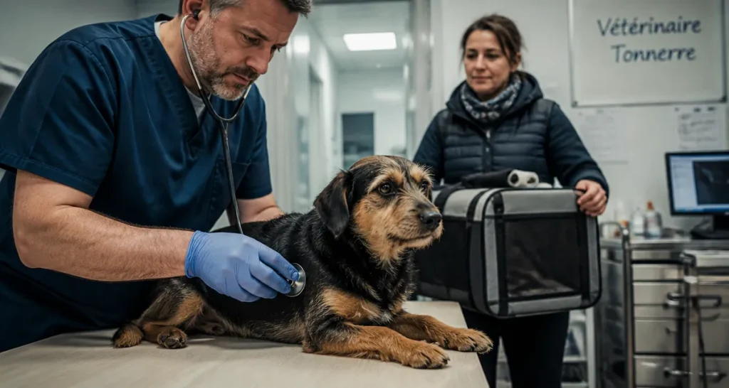 veterinaire tonnerre ausculte un chien en clinique