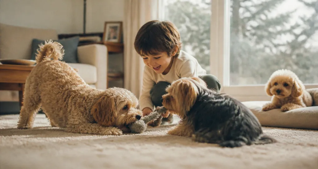 yorkie poo poo sur tapis avec enfant et chiens