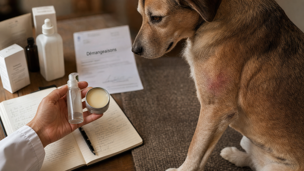 Anti démangeaison chien : lotion vétérinaire sur chien qui se gratte
