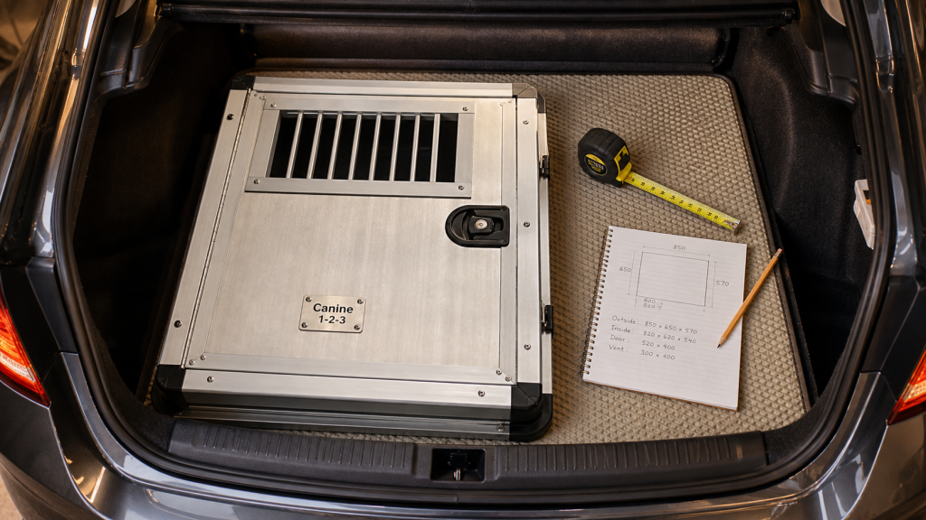 Cage alu transport chien dans le coffre, vue du dessus, grille et verrouillage visibles