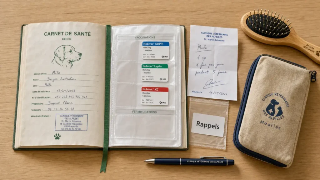 Carnet de santé chien papier, pochettes vaccins et documents vétérinaires