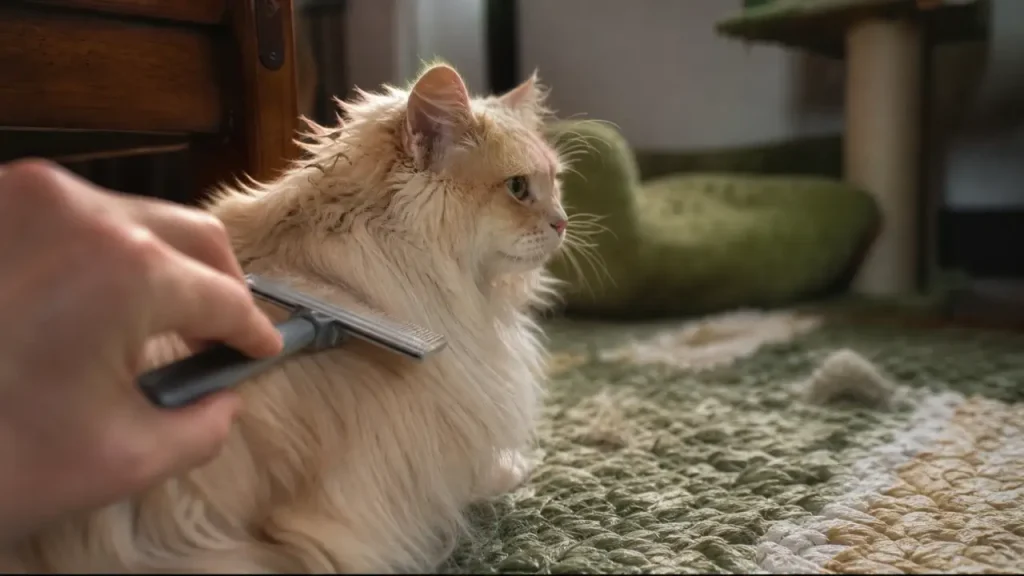Chat a poile long Persan brossé près d’une table en bois