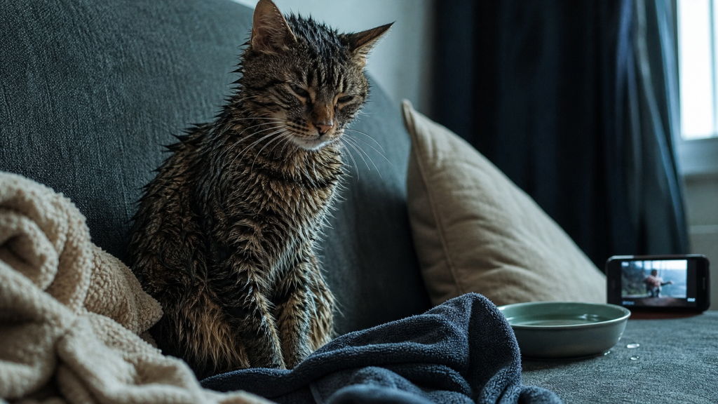 Chat qui tremble : chat tigré frissonnant, pelage humide sur canapé