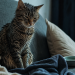 Chat qui tremble : chat tigré frissonnant, pelage humide sur canapé