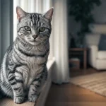 Chat tigré gris race silver tabby sur rebord de fenêtre, motif M visible