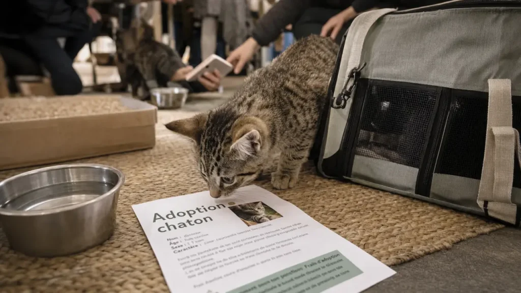 Chaton adoption : chaton tigré près d’une fiche d’adoption et d’une caisse de transport
