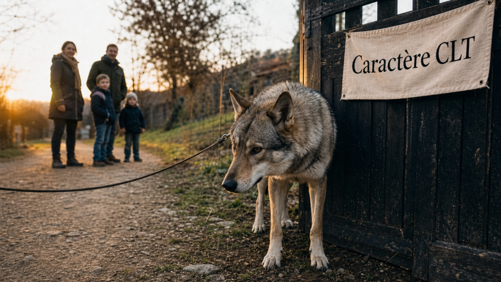 Chien loup tchecoslovaque caractère : loyal, méfiant, au premier plan près de la clôture