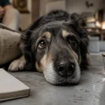 Chien truffe froide : truffe humide au sol, gouttelettes visibles