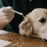 Cortanmycétine appliquée dans l’oreille d’un chien par un vétérinaire