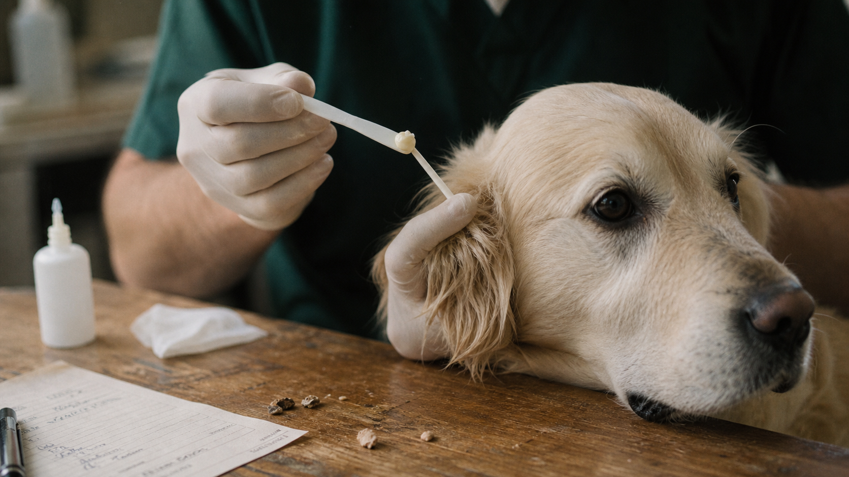 Cortanmycétine appliquée dans l’oreille d’un chien par un vétérinaire