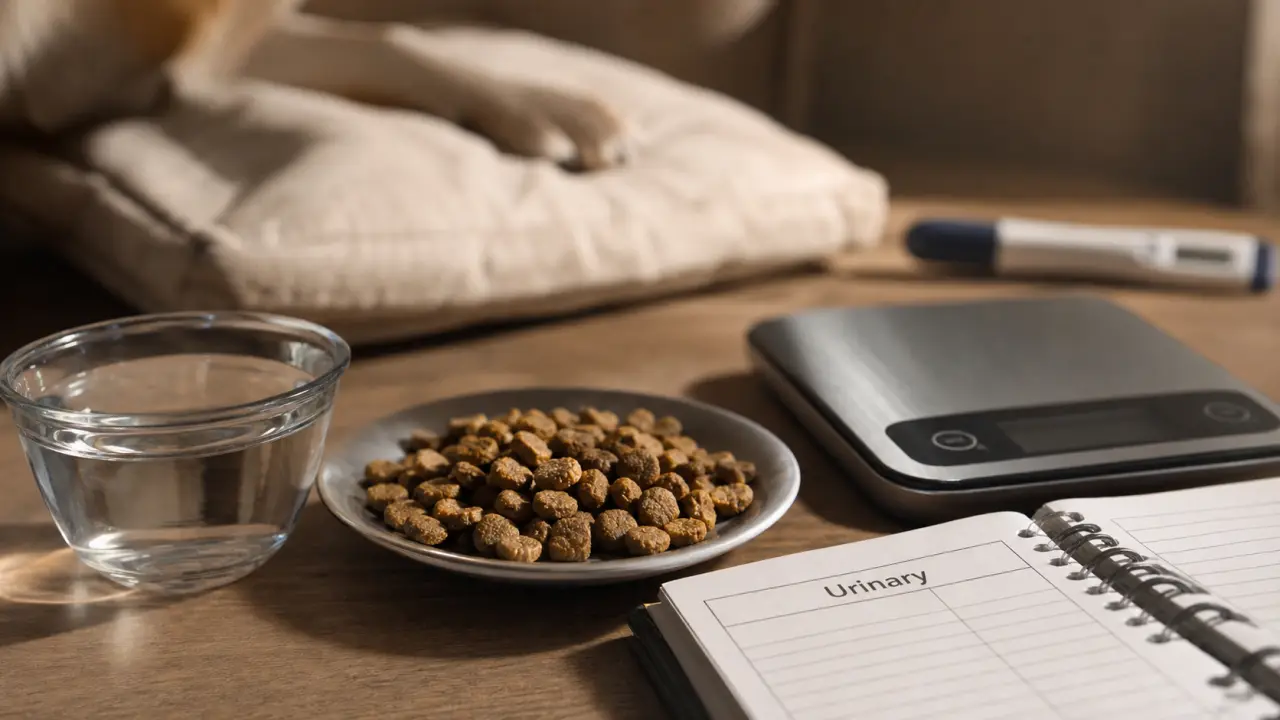 Croquettes urinary chien pour struvite et oxalate, bol d’eau fraîche