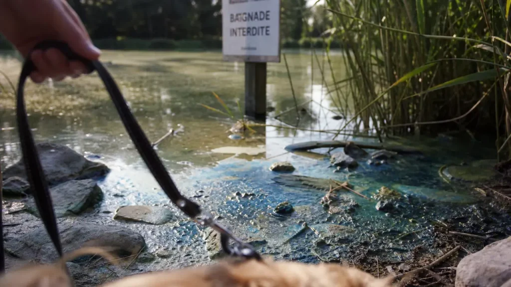 Cyanobactéries chien : eau stagnante bleu-vert, risque pour le chien