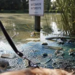 Cyanobactéries chien : eau stagnante bleu-vert, risque pour le chien