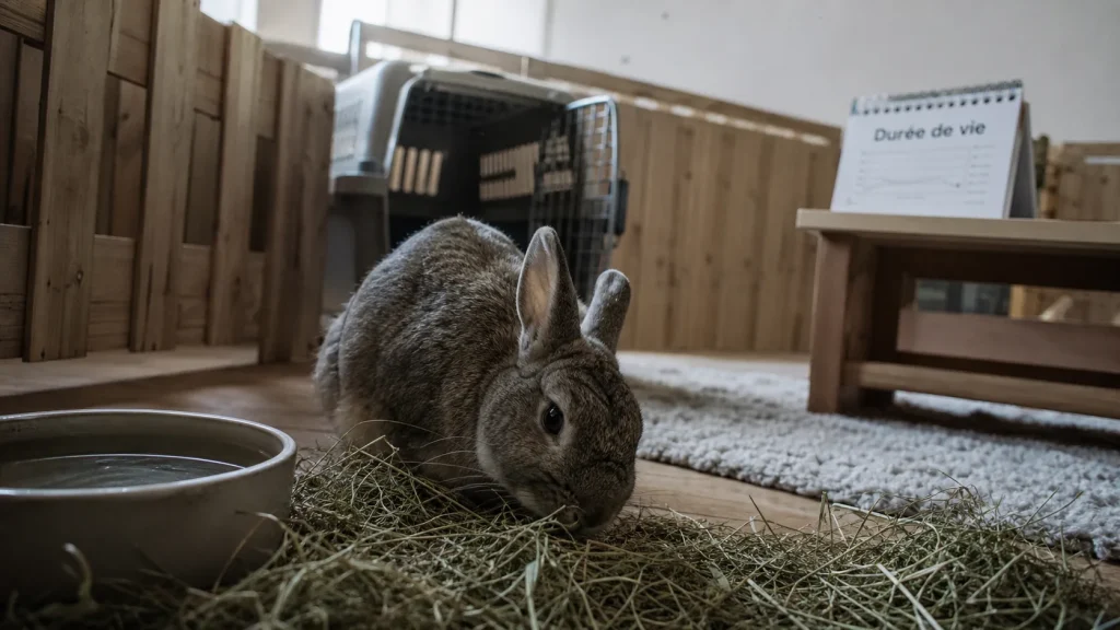 Durée de vie du lapin : lapin mange du foin, eau et soins pour vivre longtemps