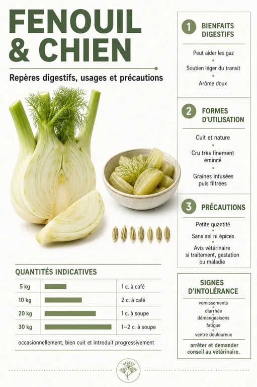 Infographie fenouil chien : bienfaits digestifs, formes d’utilisation et quantités selon le poids