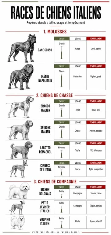 Races de chiens italiens illustrées dans une infographie comparative