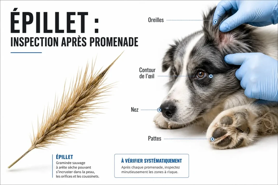 épillet chien photo : gros plan d’un épillet et inspection des zones à vérifier sur un chien