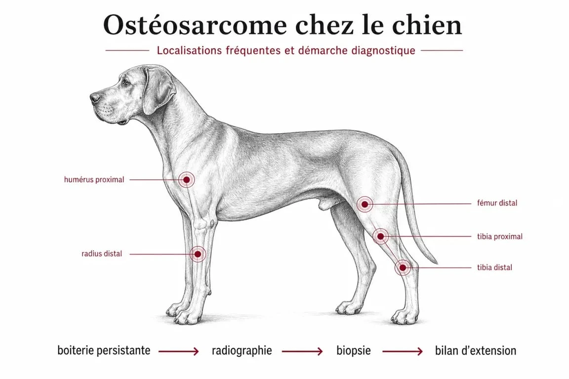 Ostéosarcome chien : schéma des localisations typiques et du parcours diagnostique