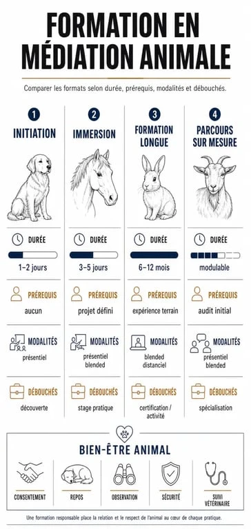 Infographie comparative sur la formation médiation animale avec les formats, durées, prérequis et débouchés