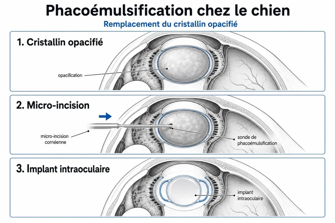 Schéma explicatif de l'opération de la cataracte par phacoemulsification pour chien
