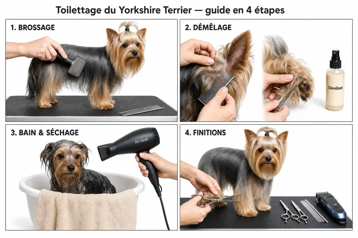 Toilettage pour yorkshire en 4 étapes : brossage, démêlage, bain et finition