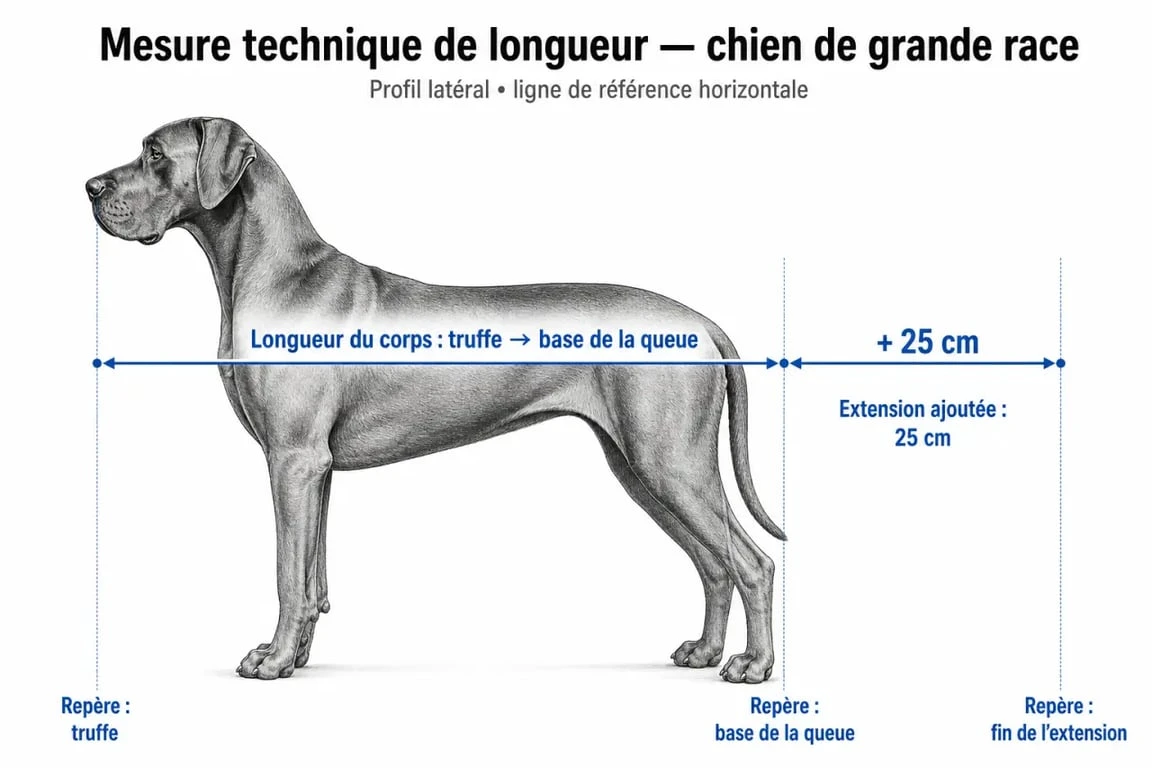 Schéma illustrant comment mesurer son chien pour choisir la bonne taille de panier chien XXL