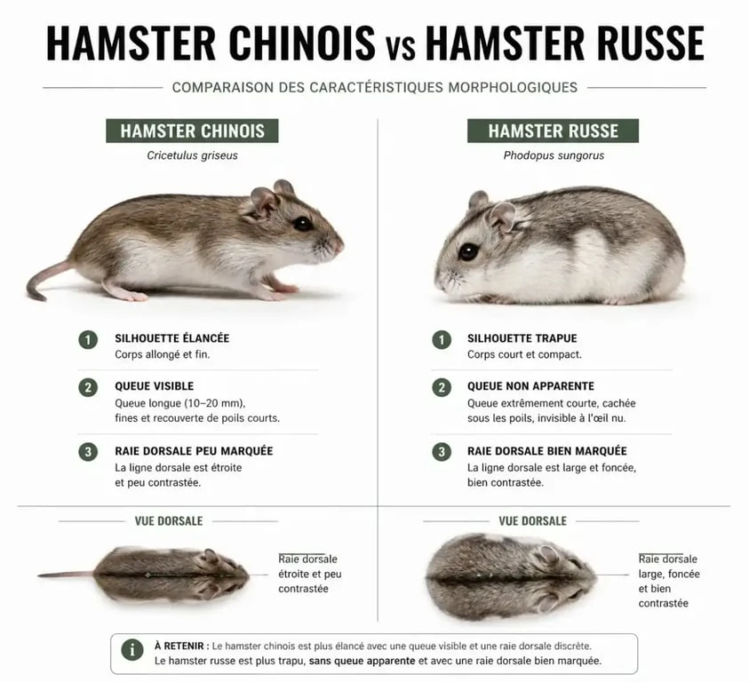 Comparaison morphologique entre un hamster chinois et un hamster russe pour faciliter l'identification
