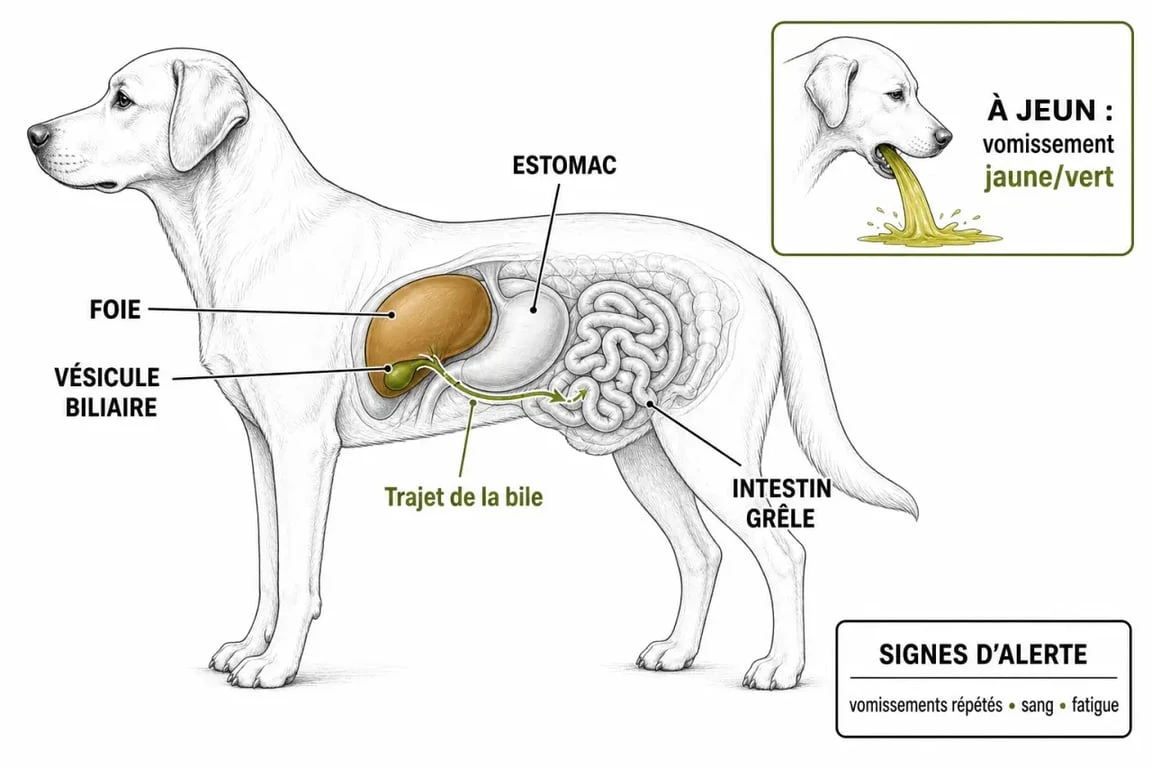 Mon chien vomit de la bile : schéma du trajet de la bile dans le système digestif canin