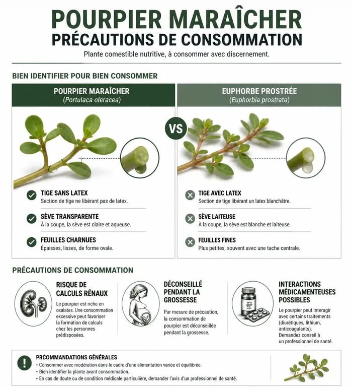 Infographie sur les dangers et précautions de consommation du pourpier maraîcher pour la santé.