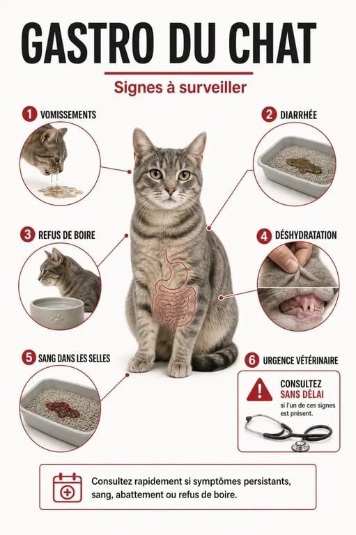 Gastro du chat : illustration des symptômes, des signes d’urgence et du risque de déshydratation