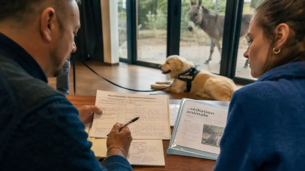 Formation médiation animale : formateur et candidate évaluent un plan de séance avec chien calme