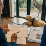 Formation médiation animale : formateur et candidate évaluent un plan de séance avec chien calme