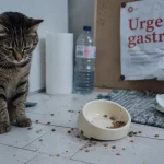 Gastro du chat : vomissements et diarrhée, chat abattu près de sa gamelle renversée