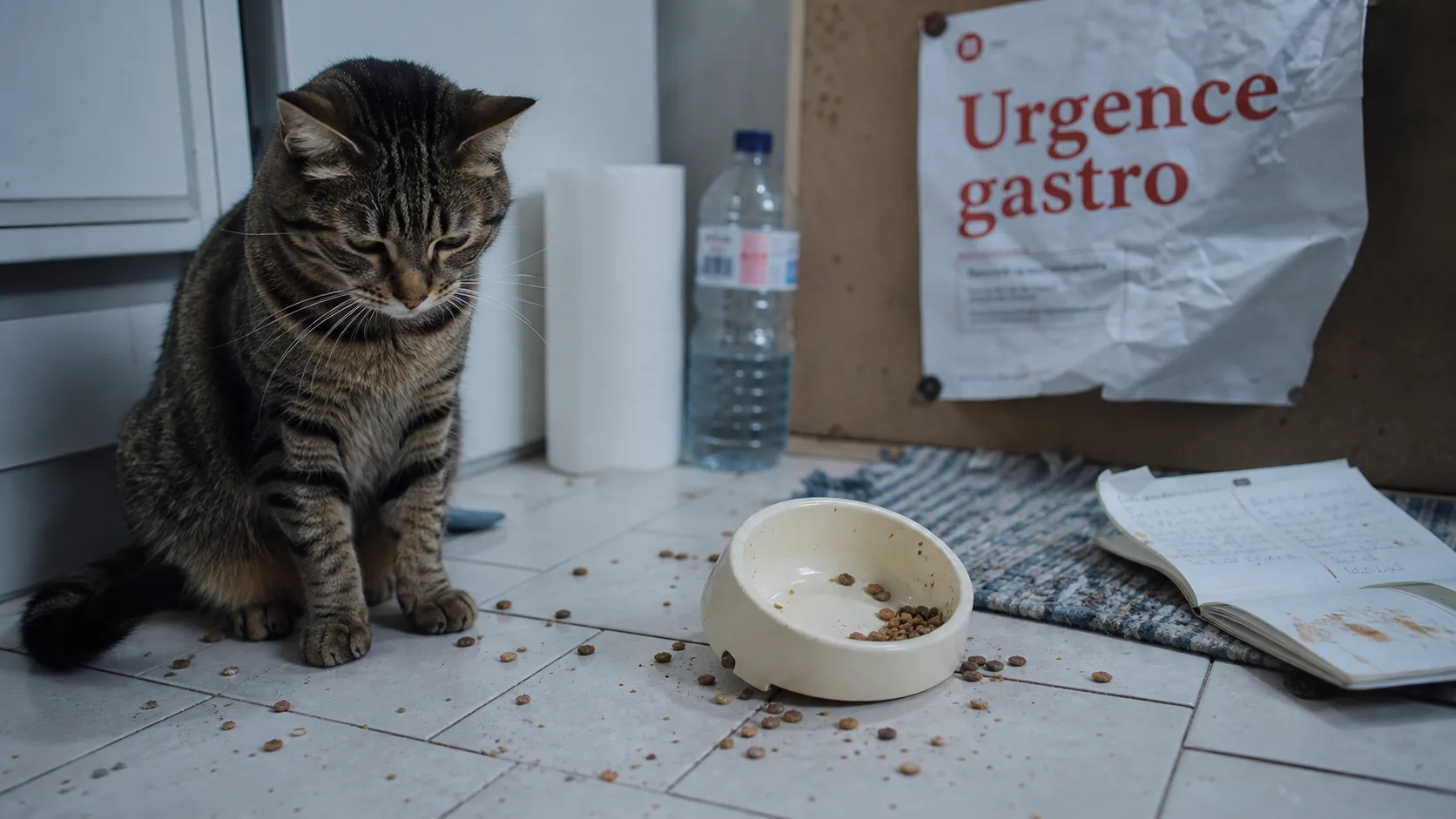 Gastro du chat : vomissements et diarrhée, chat abattu près de sa gamelle renversée