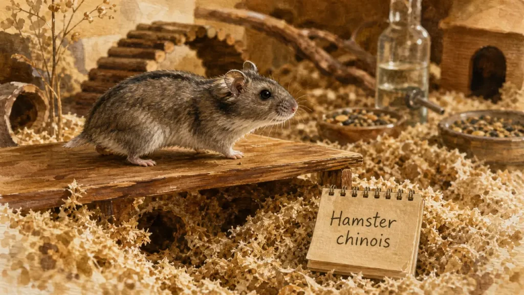 Hamsters chinois sur litière, gouache illustrant l’entretien