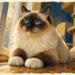 Le sacre de birmanie, yeux bleus et gants blancs près d’une fenêtre