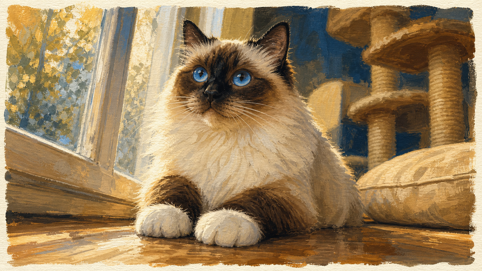 Le sacre de birmanie, yeux bleus et gants blancs près d’une fenêtre