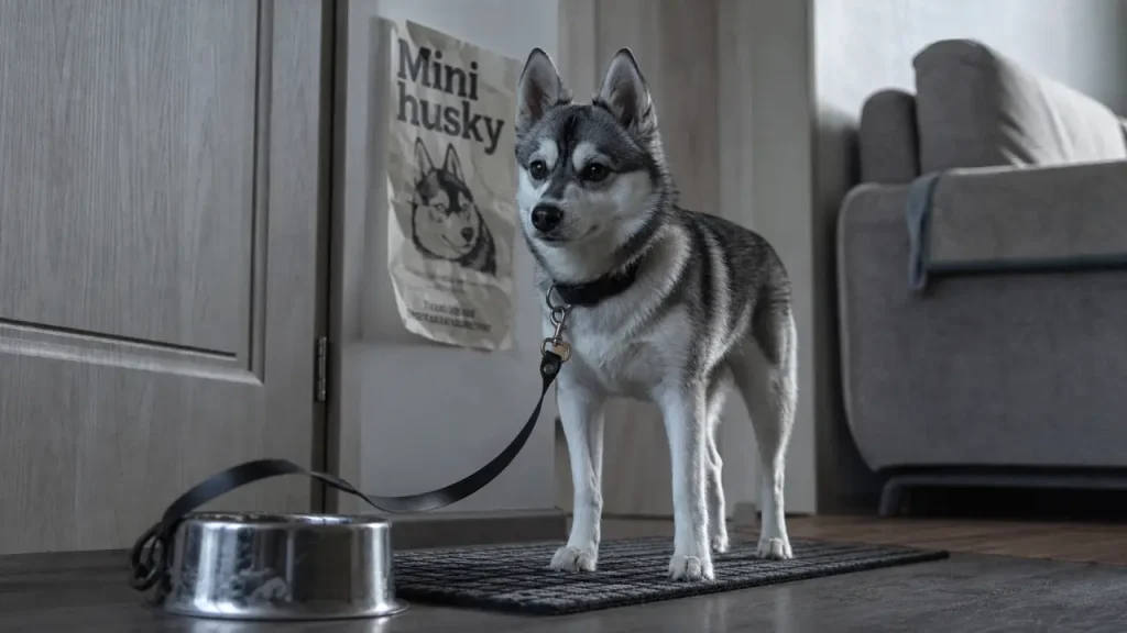 Miniature siberian husky Pomsky ou Alaskan Klee Kai, petit husky gris et blanc