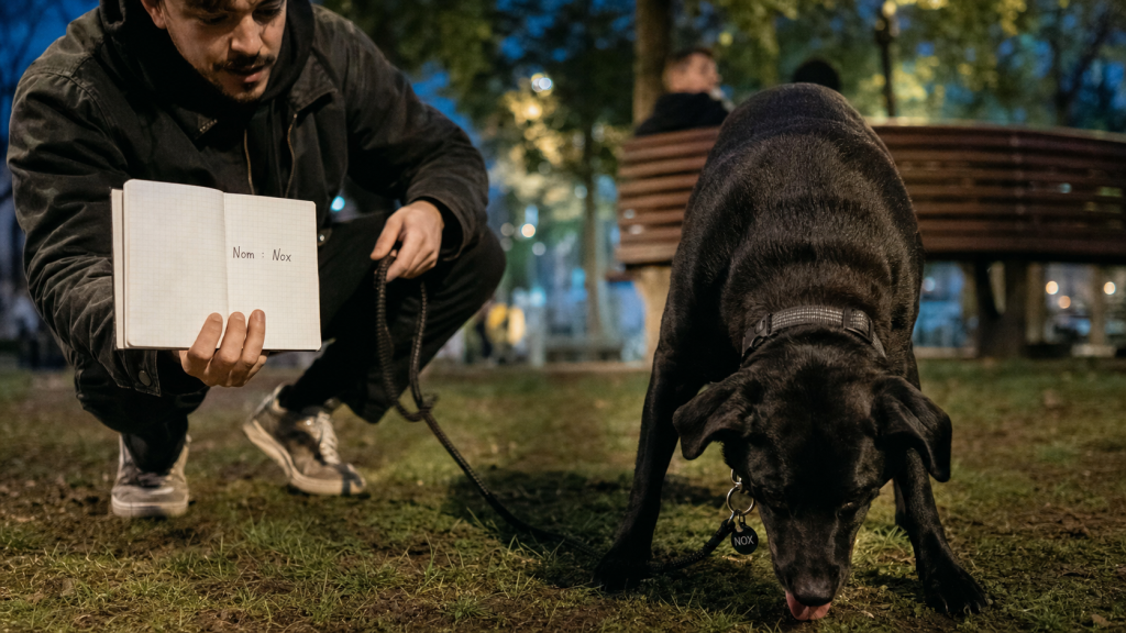 Nom de chien stylé : Nox, au parc au crépuscule, appel clair