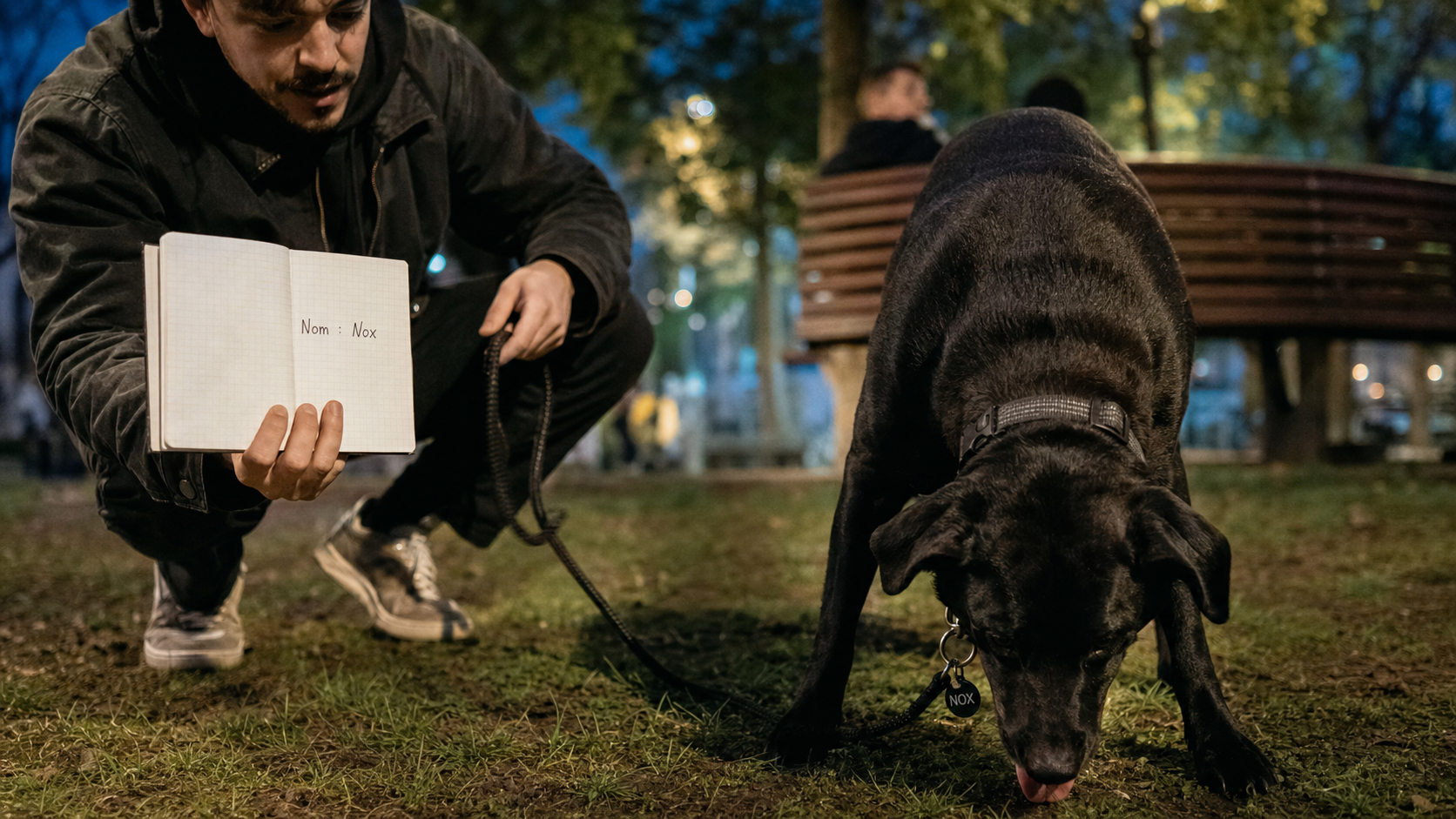 Nom de chien stylé : Nox, au parc au crépuscule, appel clair