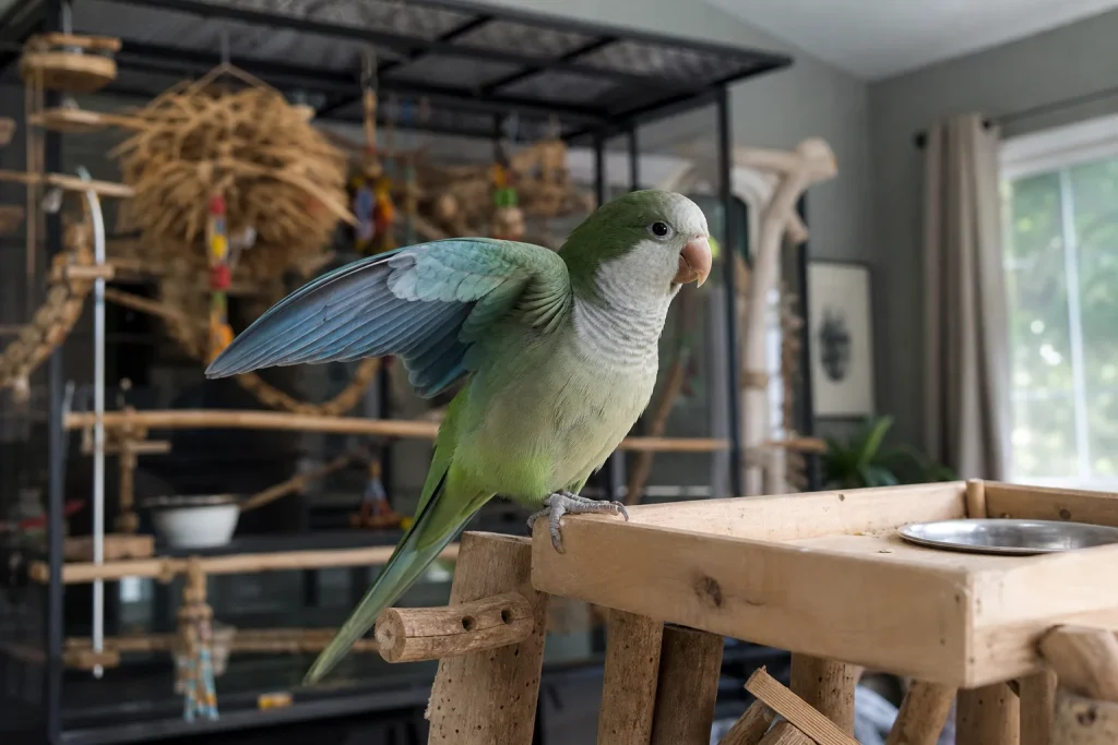 Perruche souris sur un porte-mangeoires, volière en arrière-plan