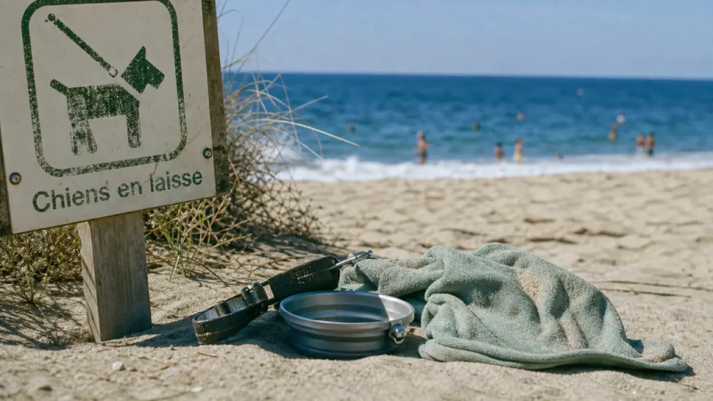 Panneau plage autorisée au chien : chiens en laisse sur la plage