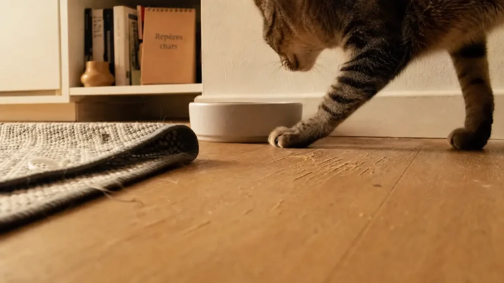 Pourquoi mon chat gratte le sol autour de sa gamelle, traces de griffes près de la gamelle