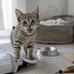 Pourquoi mon chaton miaule tout le temps : chaton près d’une gamelle vide
