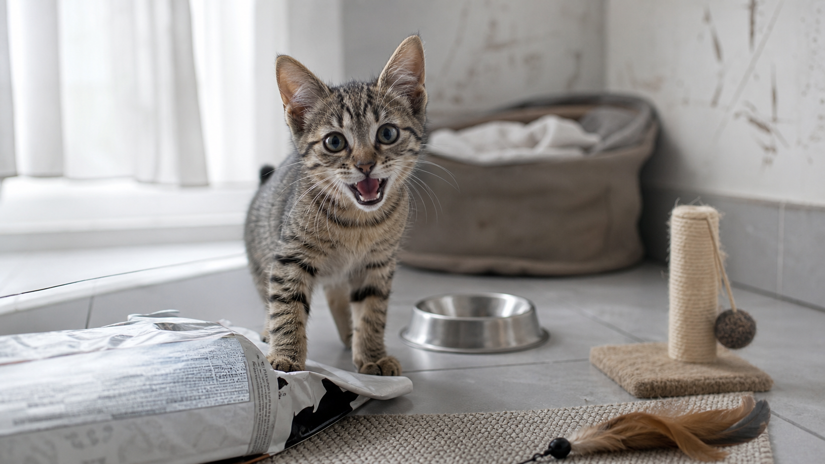 Pourquoi mon chaton miaule tout le temps : chaton près d’une gamelle vide