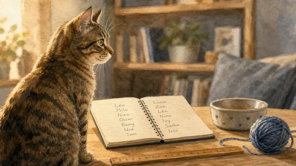 Prénoms chatte : chatte tigrée avec carnet de prénoms