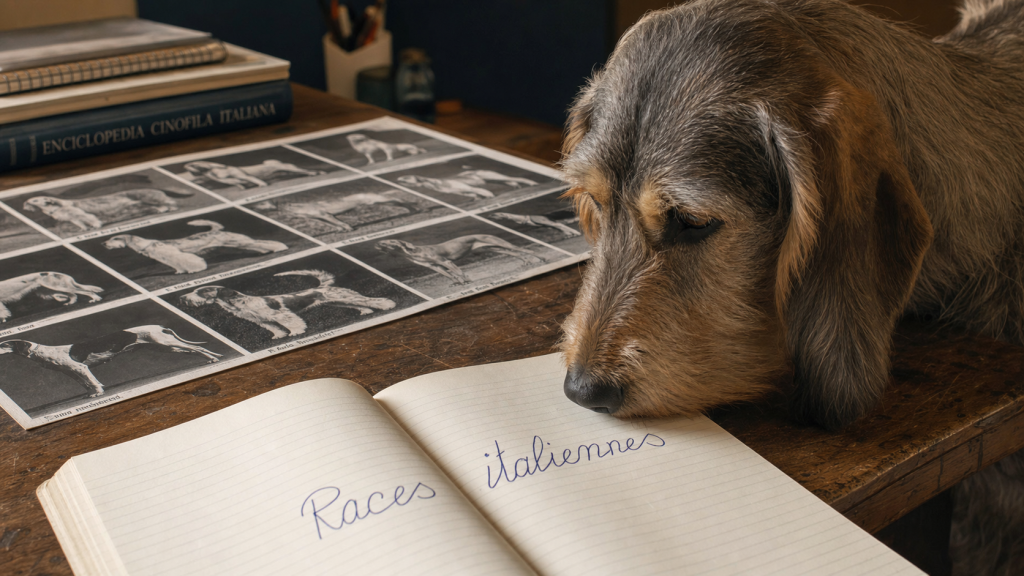 Races de chiens italiens : Segugio au poil dur reniflant un carnet